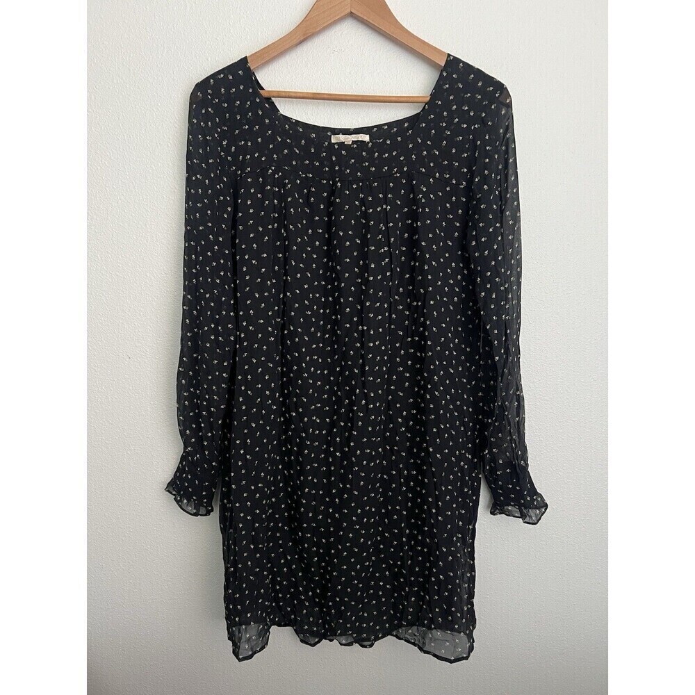 Gold Hawk Silk Mini Dress Floral Sheer Long Sleeve Cottage Prairie Flowy Romance